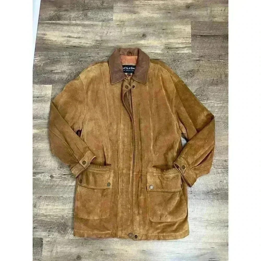 Wilsons Leather Men's Brown Full Zip Jacket Leather Collar Suede Size L *Read
